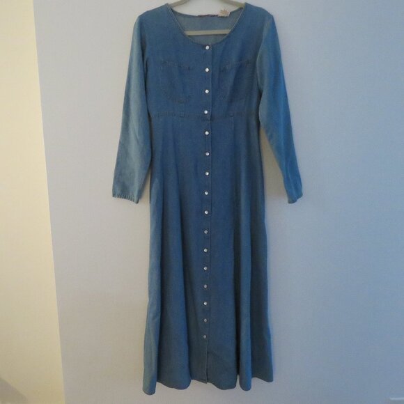 VINTAGE NEVADA JEANSWEAR Light Denim Pearl Snap Maxi Dress - Size 10 - Picture 2 of 15